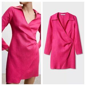 Mango 100% Linen Fuchsia/Barbie Pink Collared Wrap Dress 12